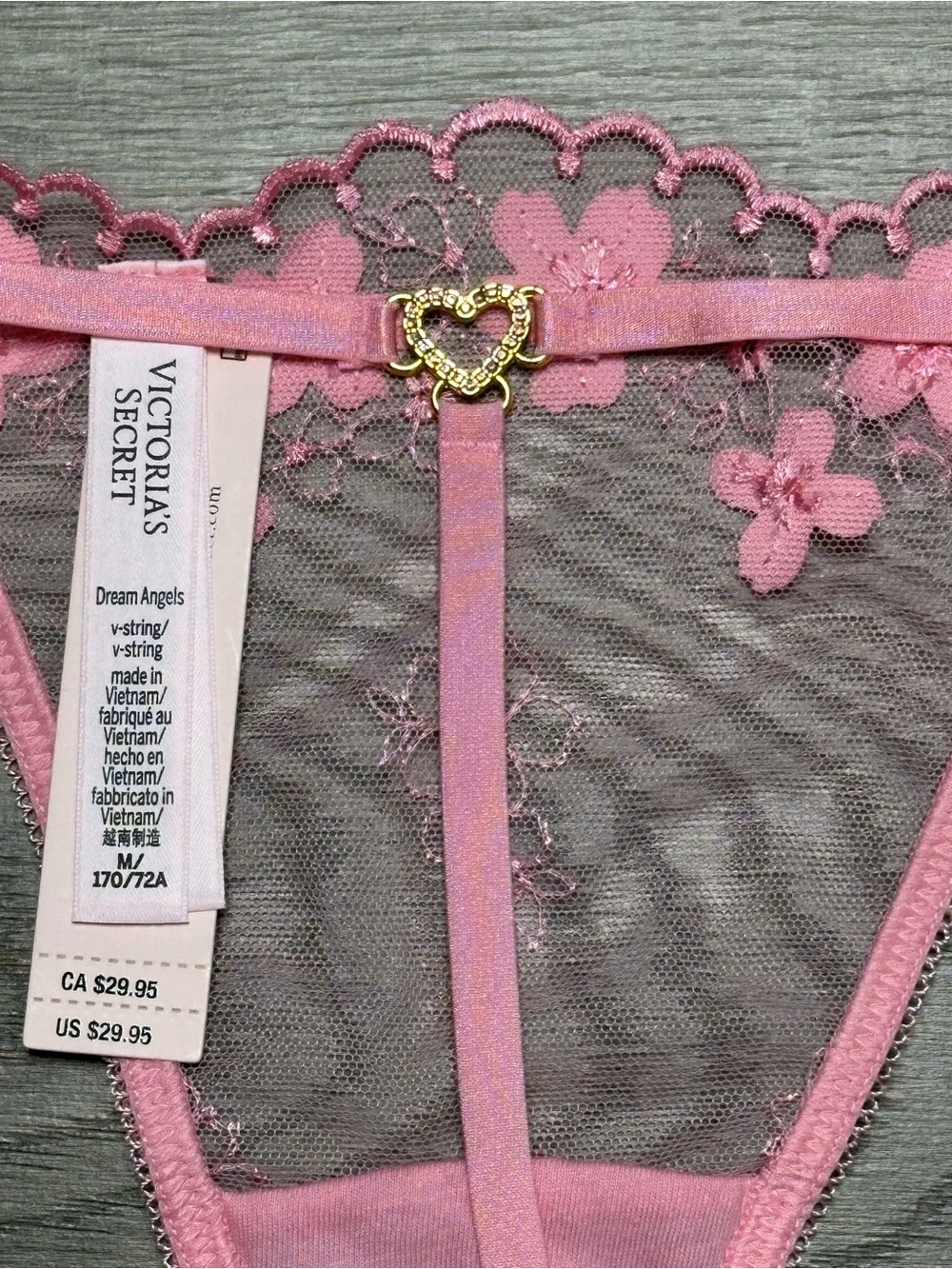 Victoria's Secret Dream Angels Sheer Pink Floral V String Heart Jewel Panty M